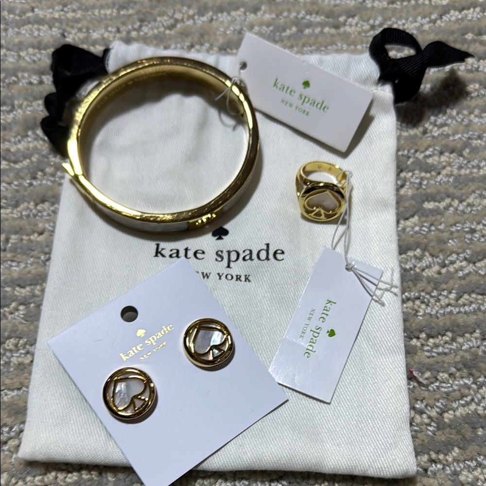 Kate Spade Signature Cream/Multi 3pc Set Bangle, Earrings & Ring NWT
